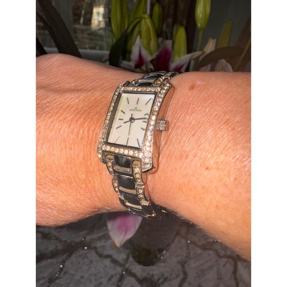 Anne Klein Womens Rectangular Mother of Pearl Dial Crystal Watch Silver‎ Tone - Picture 10 of 12